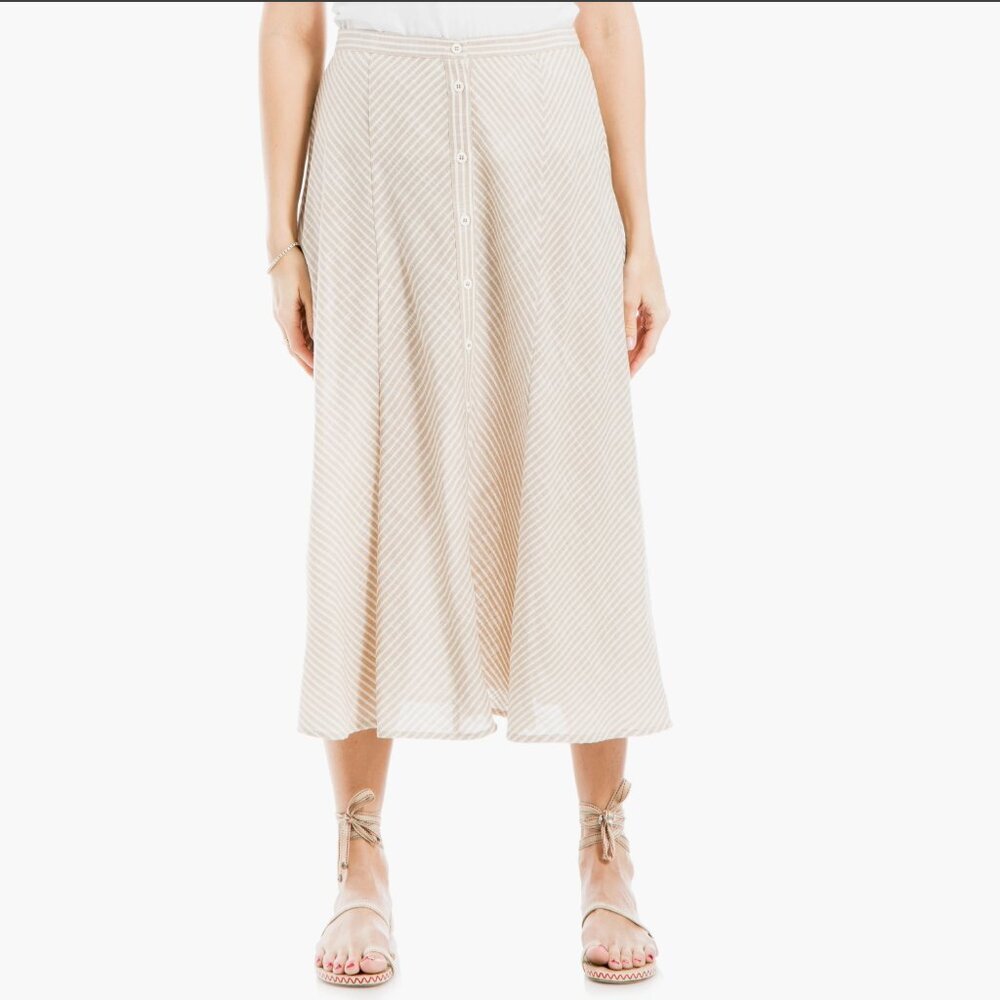 MAX STUDIO Yarn Dyed Button Front Striped‎ Beige Off White Maxi Skirt Boho M